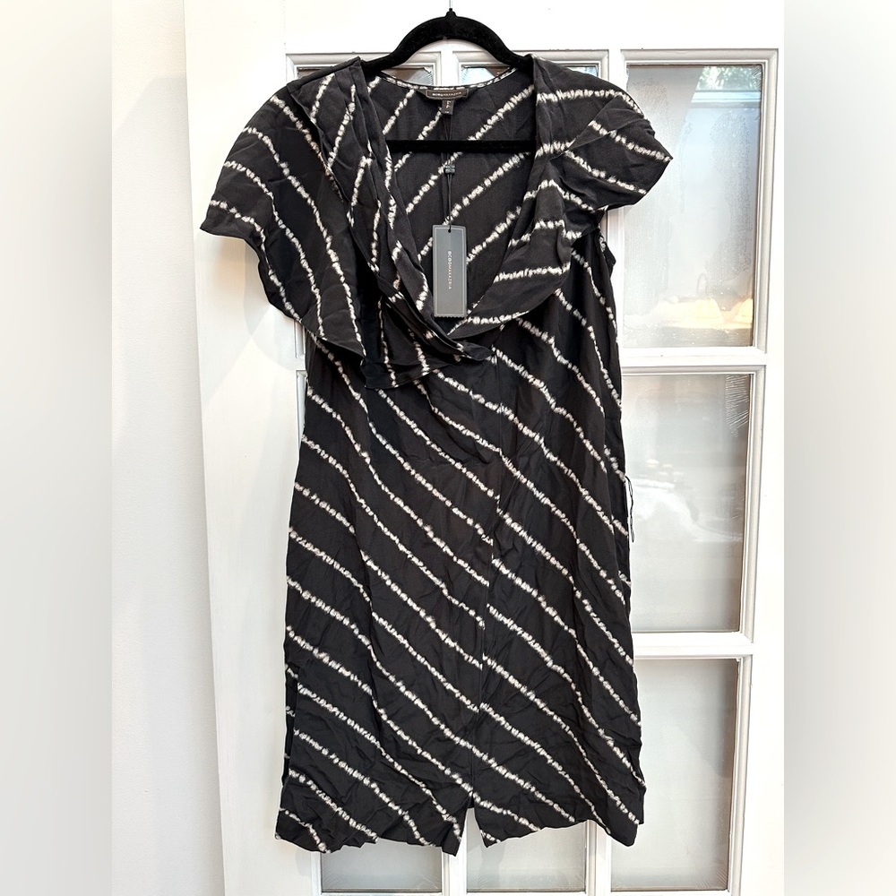 BCBGMaxazria Cream Black Tie Dye 100% Silk Striped Shift Dress Size XS NWT
